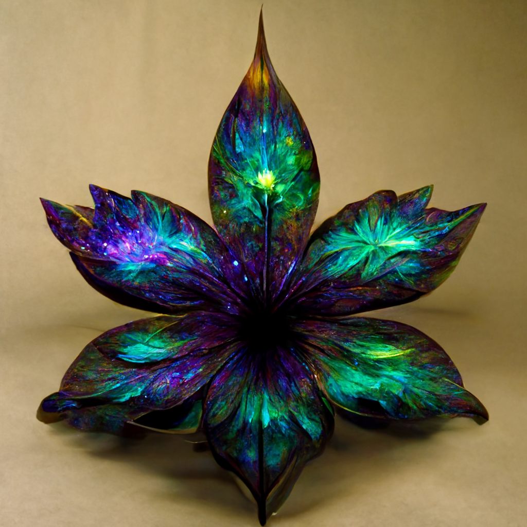 A shiny, blue-purple flower with bright green highlights and six petals casts small shadows on a featureless tan background.