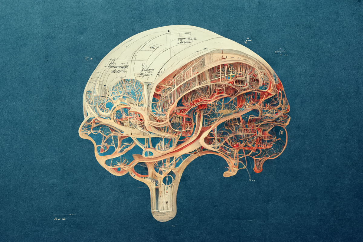 Generated by Midjourney AI, a white brain-like shape is filled with intricate pink rooms on a soft navy background.